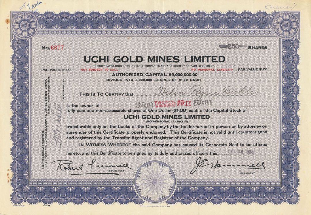 Uchi Gold Mines Limited - 1937-1940 dated Canadian Mining Stock Certificate