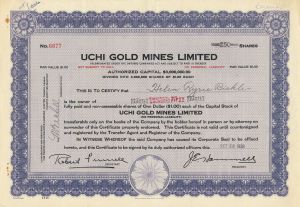 Uchi Gold Mines Limited - 1937-1940 dated Canadian Mining Stock Certificate