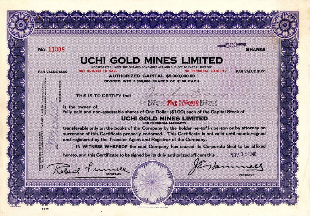 Uchi Gold Mines Limited - 1937-1940 dated Canadian Mining Stock Certificate