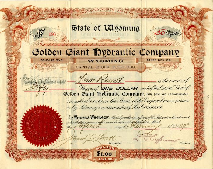 Golden Giant Hydraulic Co. - Wyoming Mining Stock Certificate