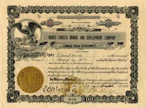 Monte Christo Mining and Development Co. - Wyoming Mining Stock Certificate