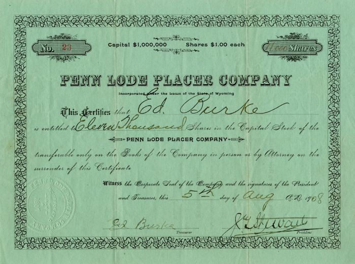 Penn Lode Placer Co. - Wyoming Mining Stock Certificate