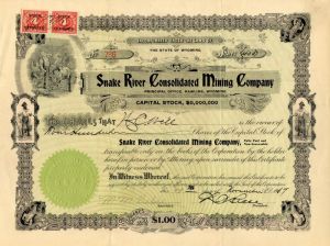 Snake River Consolidated Mining Co. - Wyoming Mining Stock Certificate