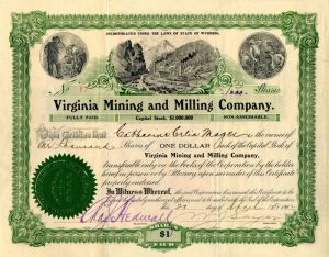 Virginia Mining and Milling Co. - Wyoming Mining Stock Certificate