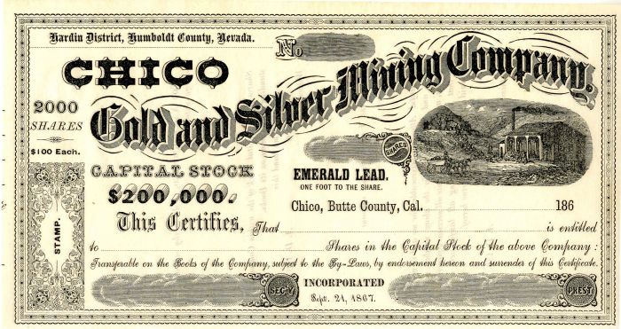 Chico Gold and Silver Mining Co. - Stock Certificate