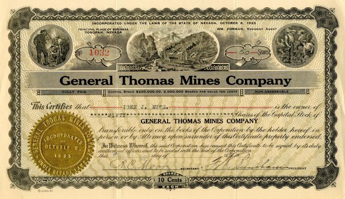 General Thomas Mines Co. - Stock Certificate