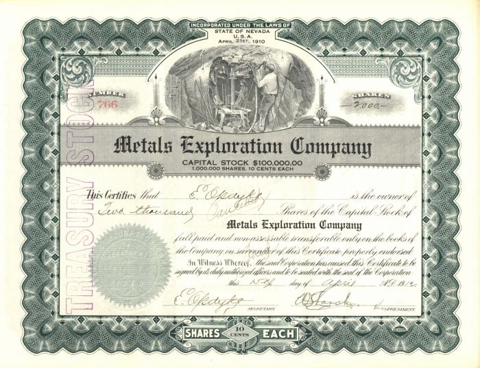 Metals Exploration Co. - Stock Certificate