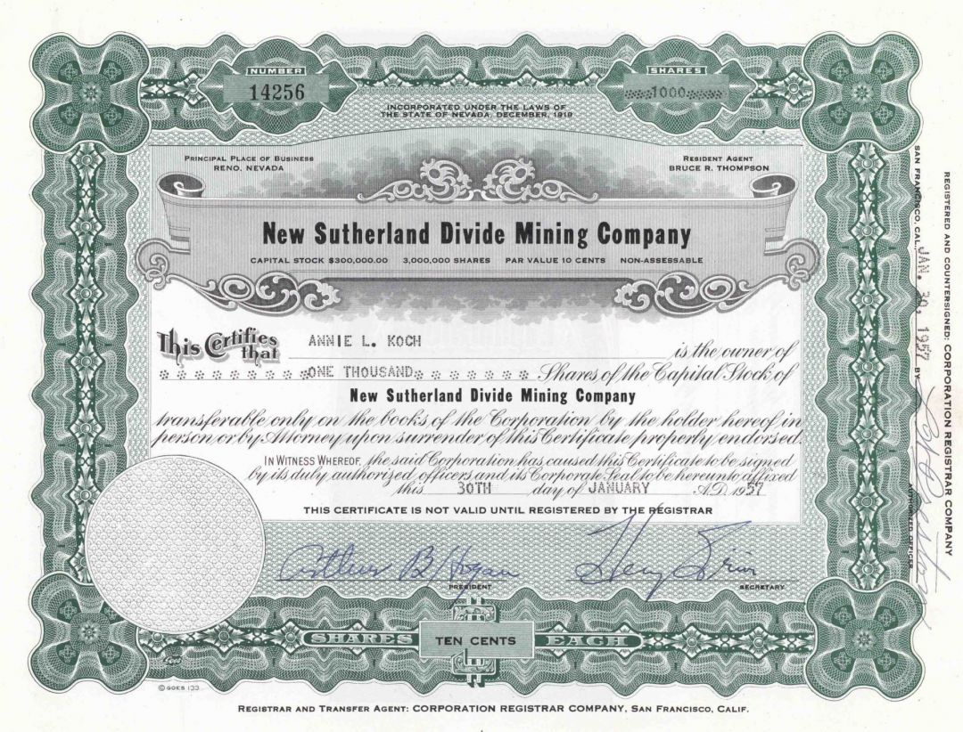New Sutherland Divide Mining Co. - Reno, Nevada Stock Certificate