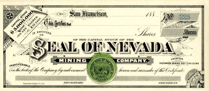 Seal of Nevada Mining Co. - Stock Certificate