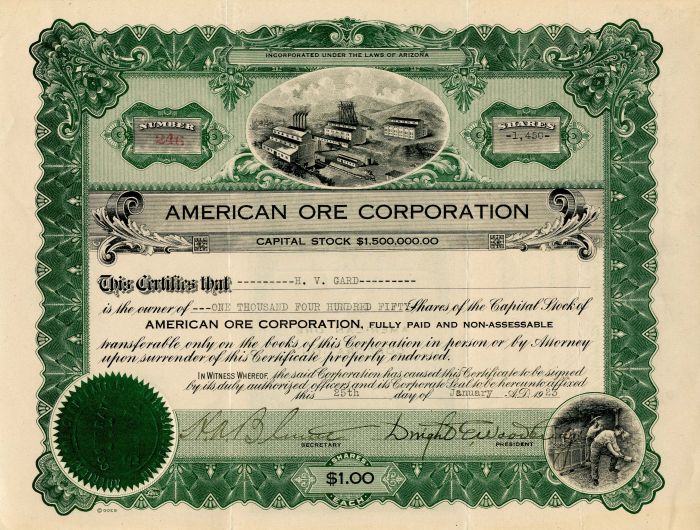 American Ore Corporation - 1923 dated Mining Stock Certificate