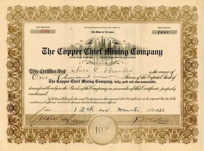 Copper Chief Mining Co. - Stock Certificate