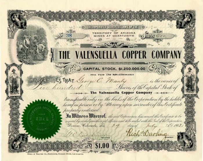 Valensuella Copper Co. - Mining Stock Certificate