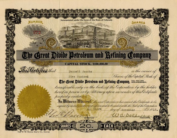 Great Divide Petroleum and Refining Co. - Stock Certificate