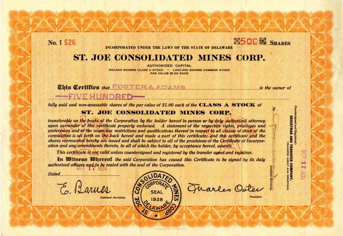 St. Joe Consolidated Mines Corp. - Stock Certificate
