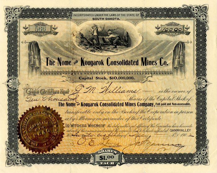 Nome and Kougarok Consolidated Mines Co. - Stock Certificate