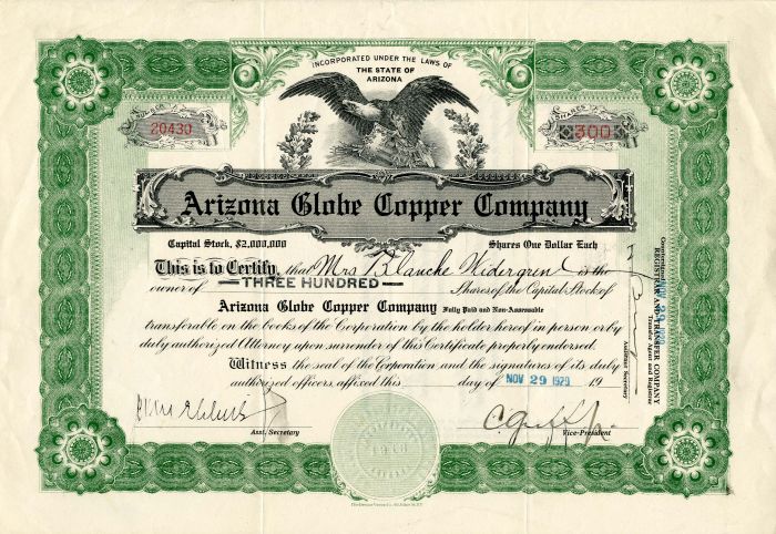 Arizona Globe Copper Co. - Stock Certificate