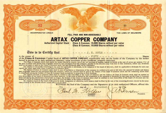 Artax Copper Co. - Stock Certificate