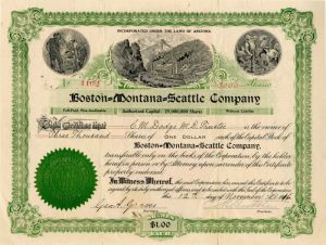 Boston=Montana=Seattle Co. - Stock Certificate