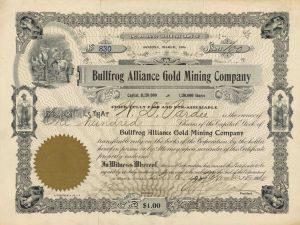 Bullfrog Alliance Gold Mining Co. - Bullfrog Mining District, Nevada Stock Certificate