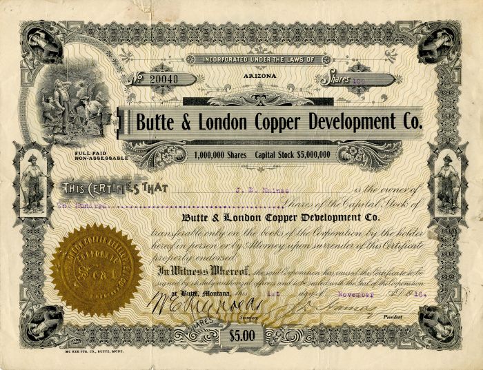 Butte and London Copper Development Co. - Stock Certificate