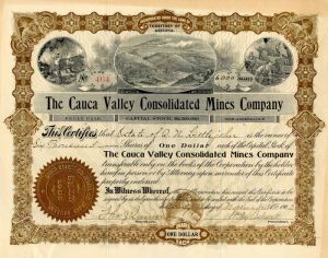 Cauca Valley Consolidated Mines Co. - Stock Certificate