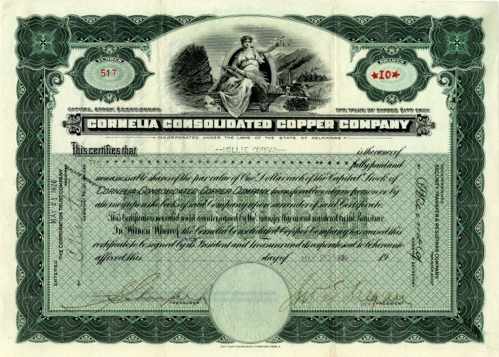 Cornelia Consolidated Copper Co. - Stock Certificate