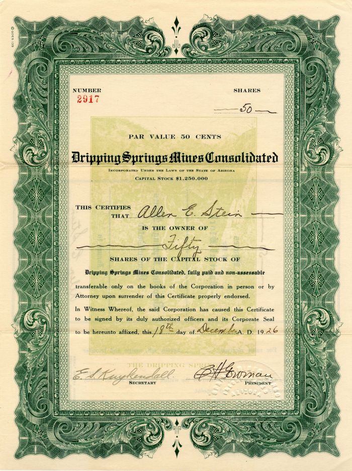 Dripping Springs Mines Consolidated - Stock Certificate