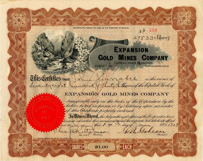 Expansion Gold Mines Co. - Stock Certificate