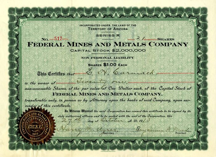 Federal Mines and Metals Co. - Stock Certificate