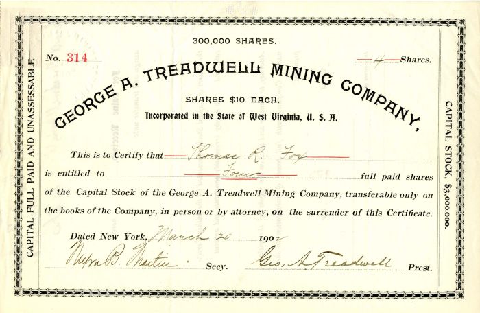 George A. Treadwell Mining Co. - Stock Certificate