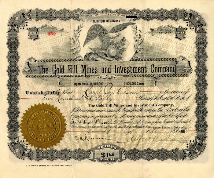Gold Hill Mines and Investment Co. - Stock Certificate