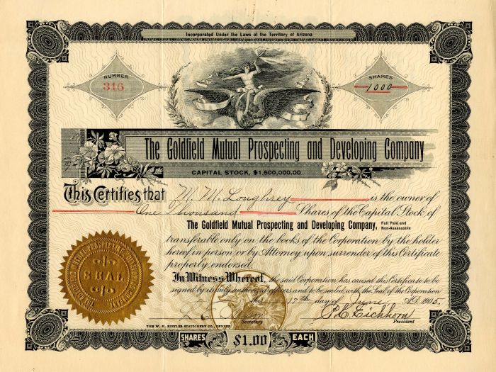 Goldfield Mutual Prospecting and Developing Co. - Stock Certificate