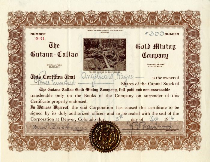 Guiana-Callao Gold Mining Co. - Stock Certificate