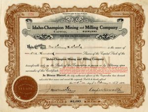 Idaho-Champion Mining and Milling Co. - Stock Certificate