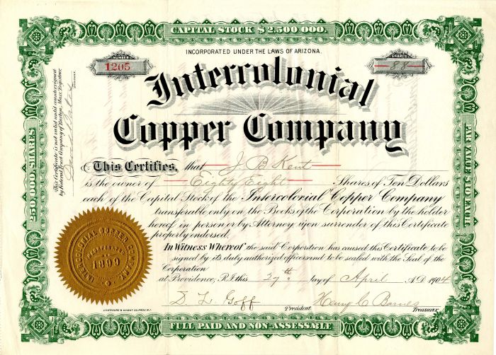 International Copper Co. - Stock Certificate