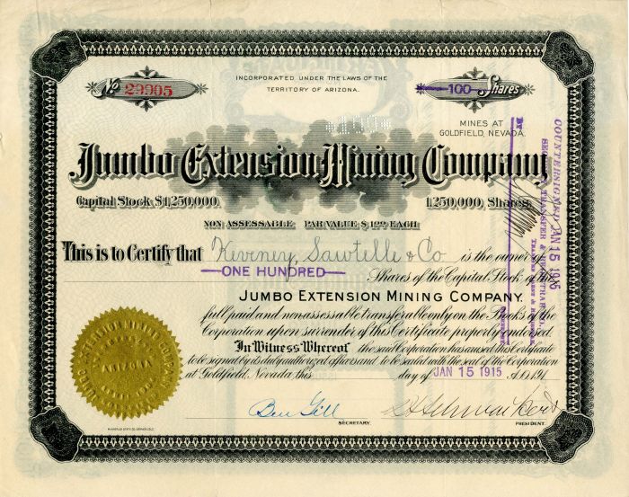 Jumbo Extension Mining Co. - Stock Certificate