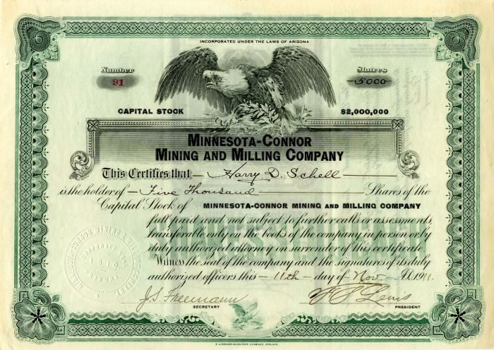 Minnesota-Connor Mining and Milling Co. - Stock Certificate