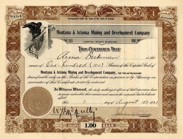 Montana and Arizona Mining and Development Co. - Stock Certificate