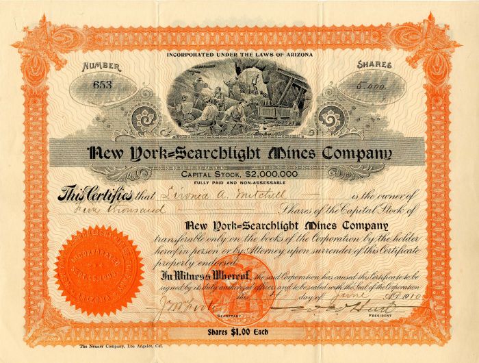 New York=Searchlight Mines Co. - Stock Certificate