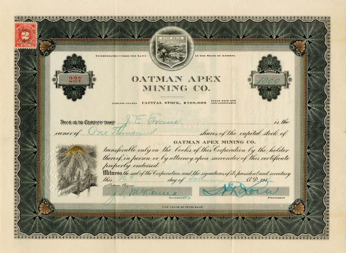 Oatman Apex Mining Co. - Stock Certificate