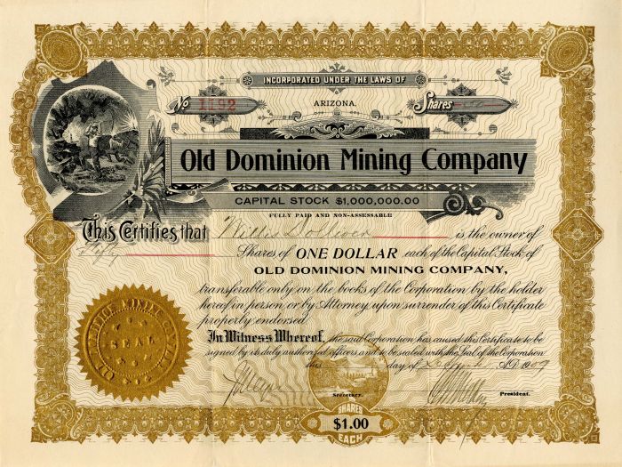 Old Dominion Mining Co. - Stock Certificate