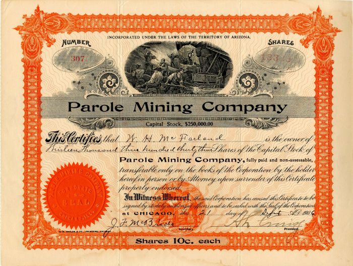 Parole Mining Co. - Stock Certificate