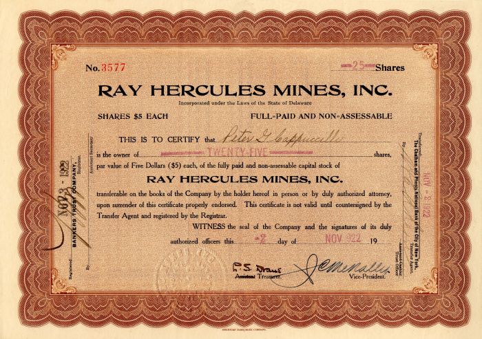 Ray Hercules Mines, Inc. - Stock Certificate