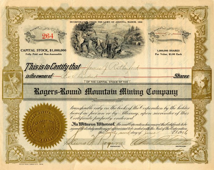Rogers-Round Mountain Mining Co. - Stock Certificate