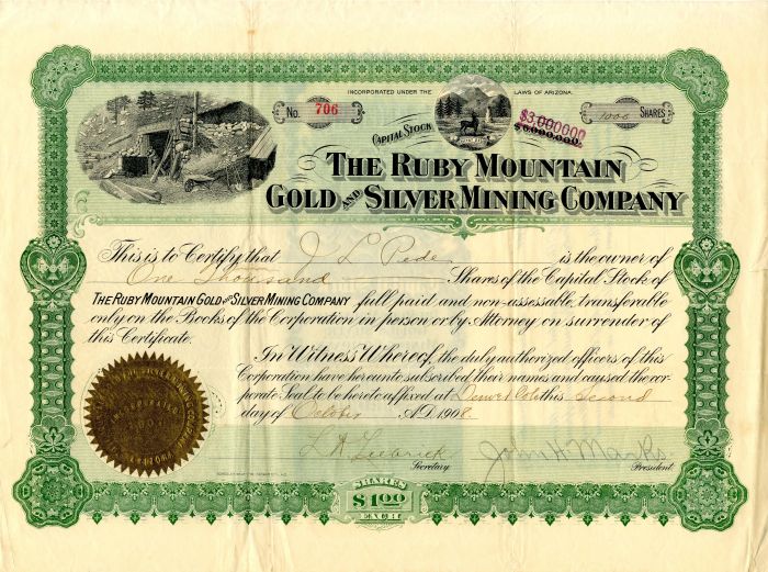 Ruby Mountain Gold and Silver Mining Co. - Stock Certificate