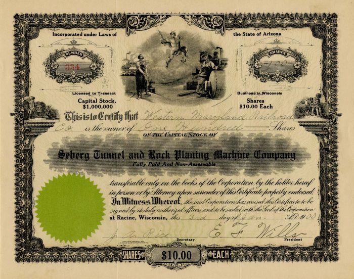 Seberg Tunnel and Rock Planing Machine Co. - Stock Certificate