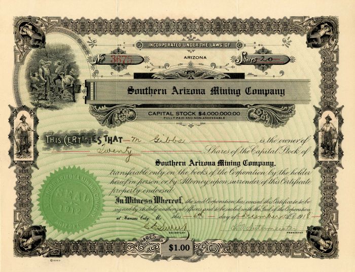 Southern Arizona Mining Co. - Stock Certificate