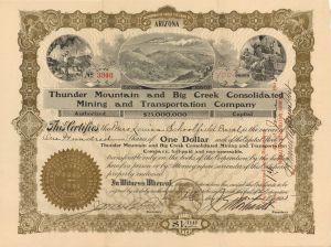 Thunder Mountain and Big Creek Consolidated Mining and Transportation Co. - 1905 dated Stock Certificate