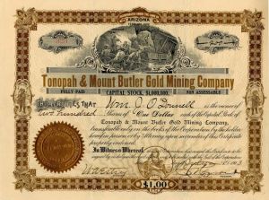Tonopah and Mount Butler Gold Mining Co. - Stock Certificate