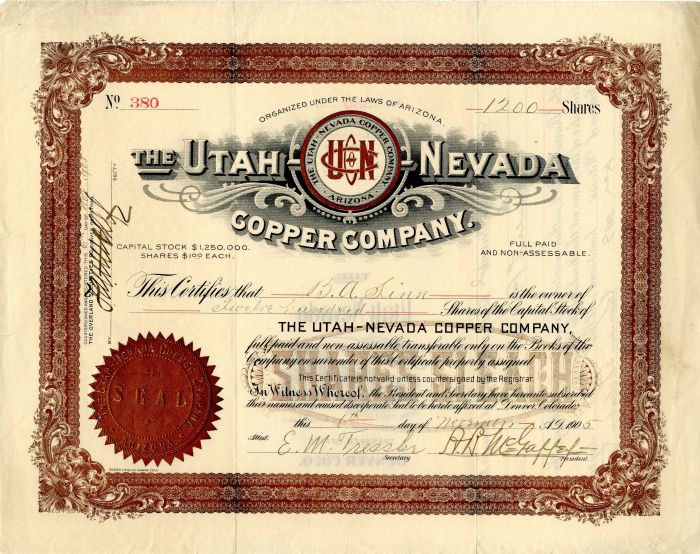 Utah-Nevada Copper Co. - Stock Certificate